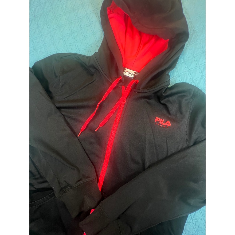 Fila Sport Mens XL Full Zip Hoodie Black Neon Pink Logo Activewear RN 73277